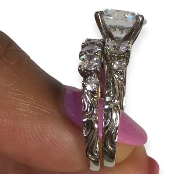 Artistique Sterling Silver Round Swarovski Elements Engagement Wedding Band Set - Picture 4 of 5